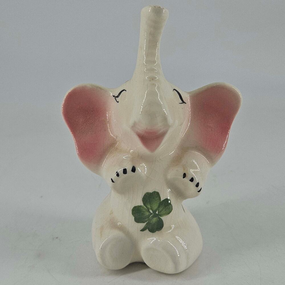 Vintage ceramic lucky elephant figurine ring holder 4 leaf clover shamrock